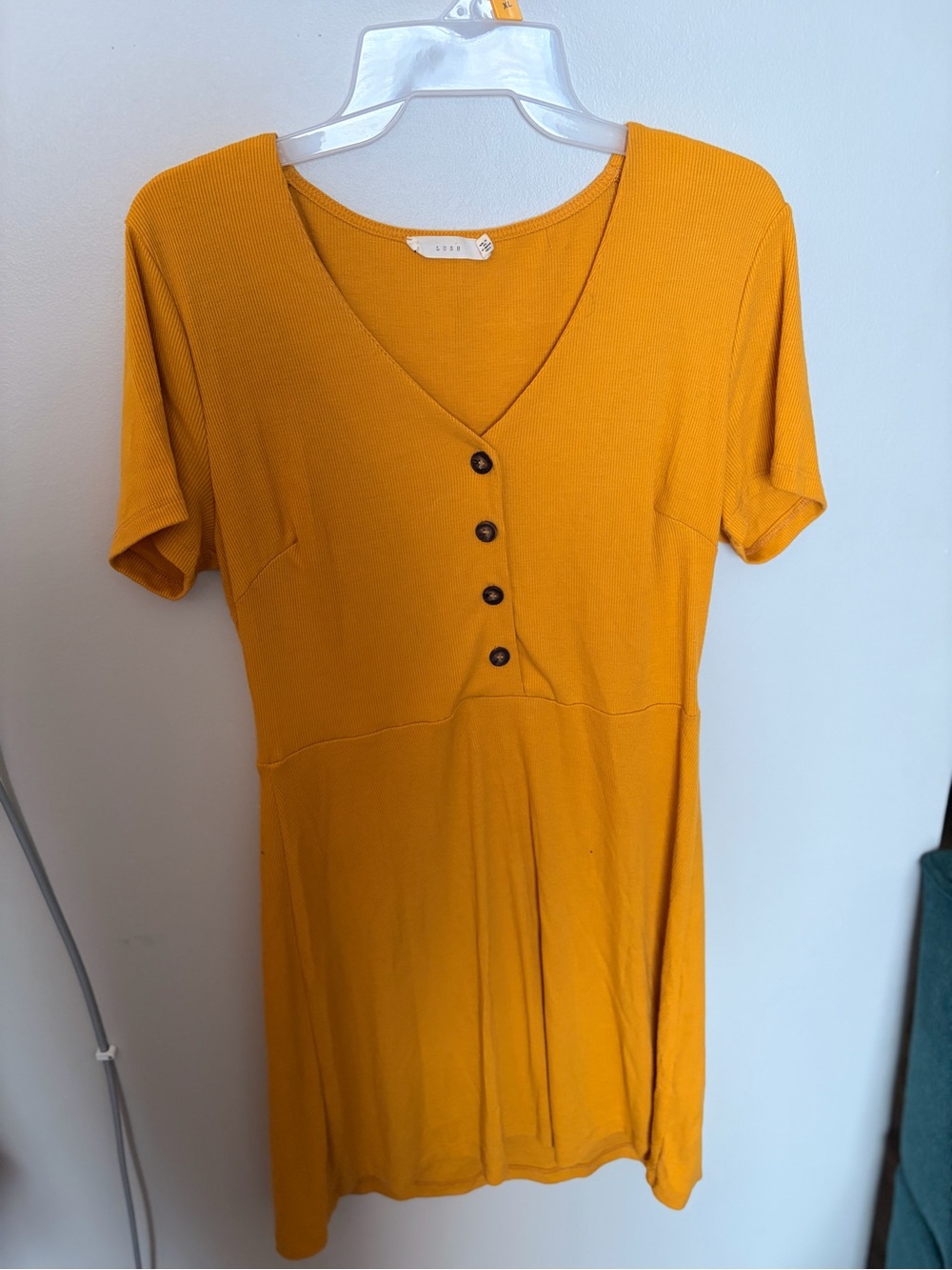 Lush Mustard Yellow V-Neck Button Mini Dress